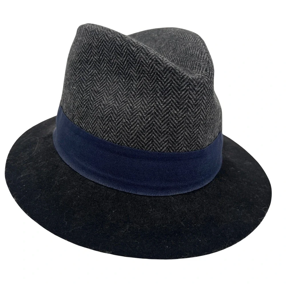 Vintage Fedora‎ by The Hatter Company Herringbone Tweed Black Brim Blue Hatband